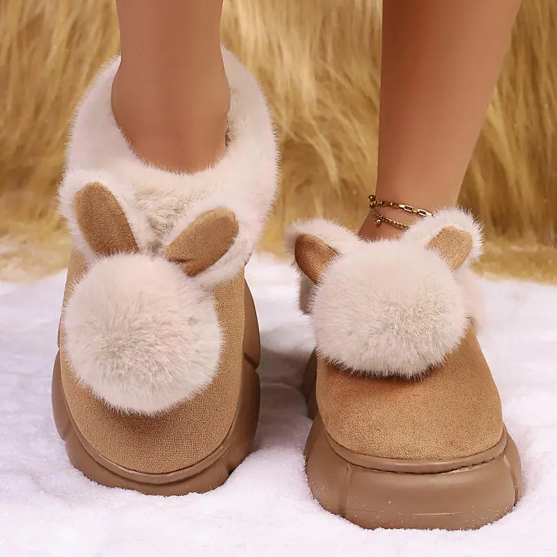 Fluffy Fur Indoor Slippers with Platform Women 2025 Winter Cute Rabbit Ears Thick Bottom Furry Slippers Woman Cotton Home Slides