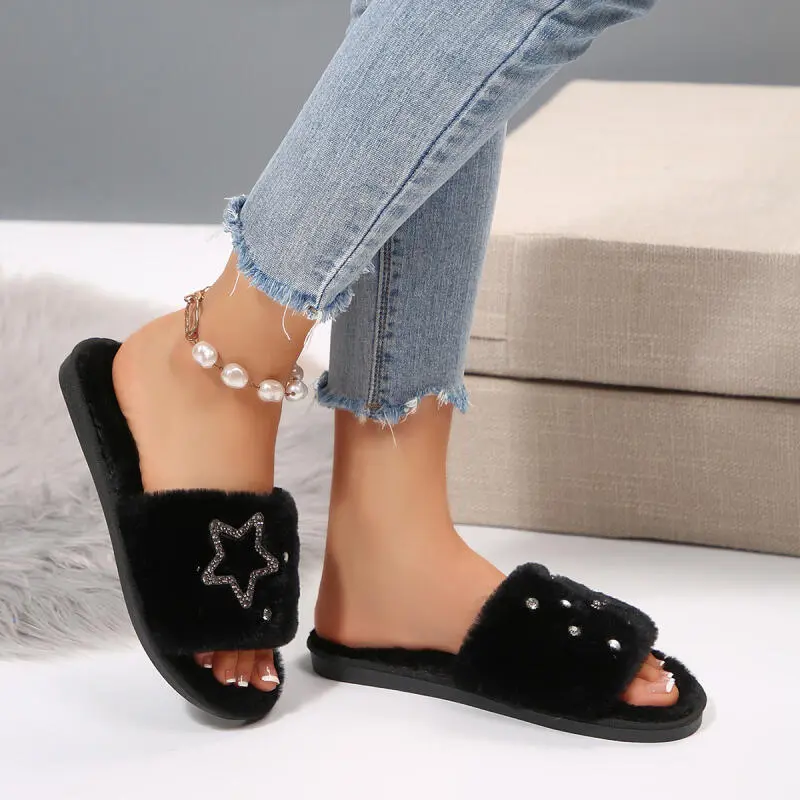 Fashion Glitter Star Decoration Cotton Slides Women 2025 Autumn Warm Short Plush Flat Heel Slippers Comfort Soft Outdoor Slipper