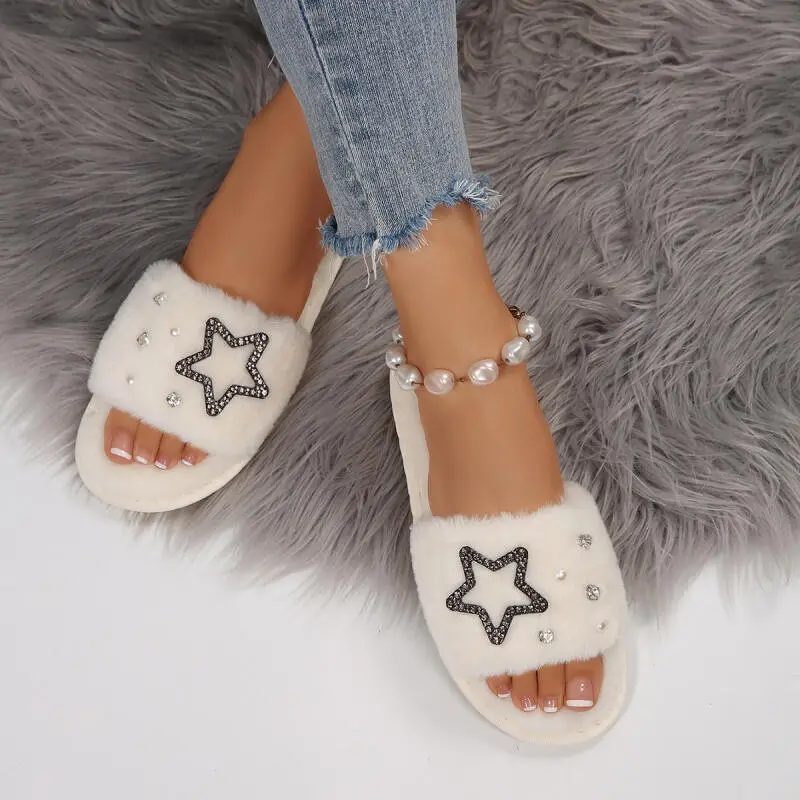 Fashion Glitter Star Decoration Cotton Slides Women 2025 Autumn Warm Short Plush Flat Heel Slippers Comfort Soft Outdoor Slipper