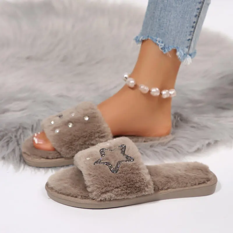 Fashion Glitter Star Decoration Cotton Slides Women 2025 Autumn Warm Short Plush Flat Heel Slippers Comfort Soft Outdoor Slipper