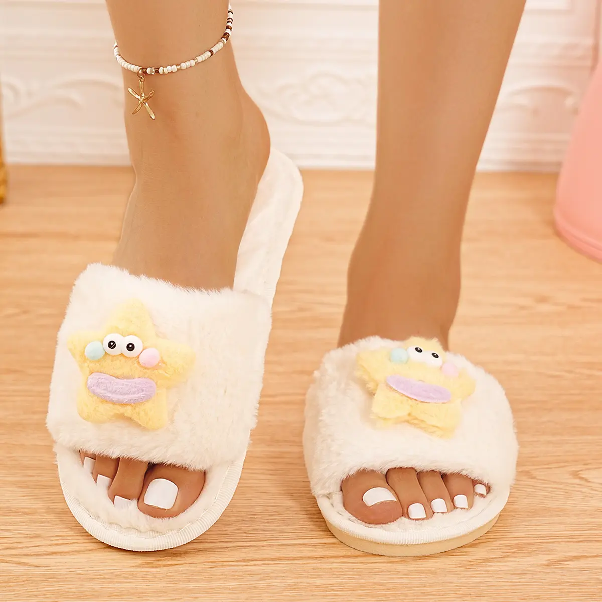 Cute Cartoon Decoration Cotton Slippers Women 2025 Winter Comfort Soft Sole Indoor Slides Warm Short Plush Non Slip Slippers