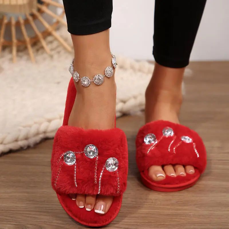 Sexy Silver Gemstone Decoration Cotton Slides Women 2025 Winter Warm Short Plush Indoor Slippers Comfort Non Slip Bedroom Slides