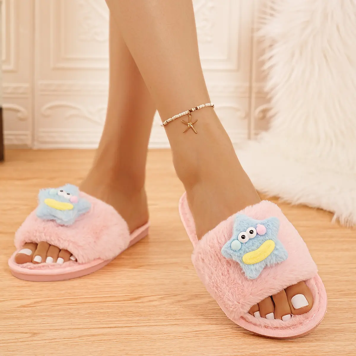 Cute Cartoon Decoration Cotton Slippers Women 2025 Winter Comfort Soft Sole Indoor Slides Warm Short Plush Non Slip Slippers