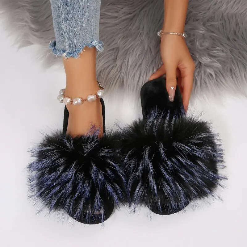 Fashion Mix Color Faux Fur Slides Women 2025 Autumn Long Plush Comfort Flat Heel Slippers Soft Sole Non Slip Outdoor Slippers