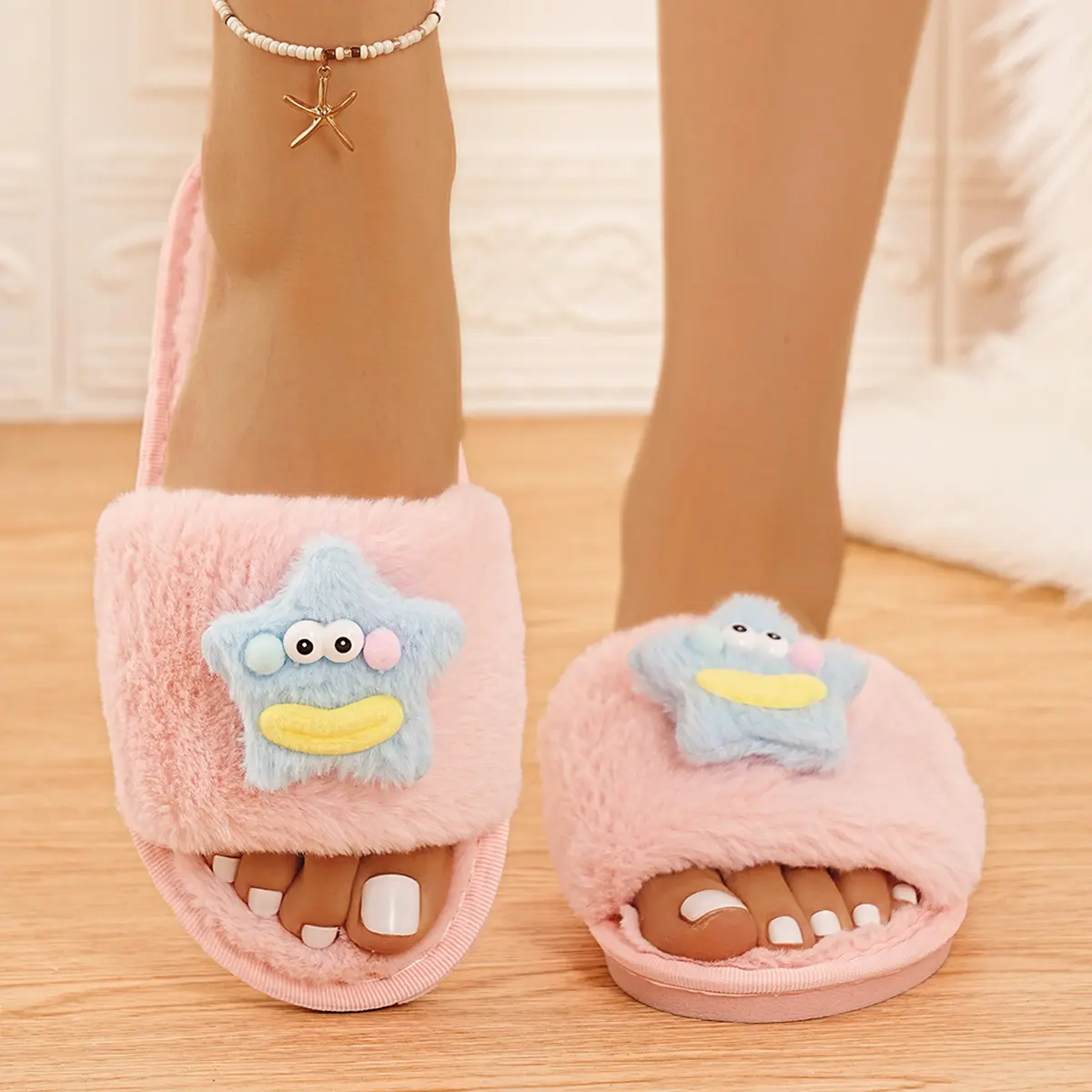 Cute Cartoon Decoration Cotton Slippers Women 2025 Winter Comfort Soft Sole Indoor Slides Warm Short Plush Non Slip Slippers