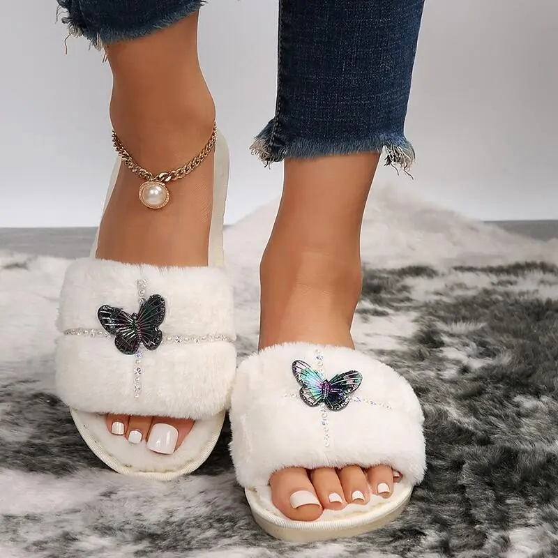 Elegant Butterfly Embroidery Short Plush Slides Women 2025 Winter Comfort Flat Heel Indoor Furry Slippers Warm Faux Fur Slippers