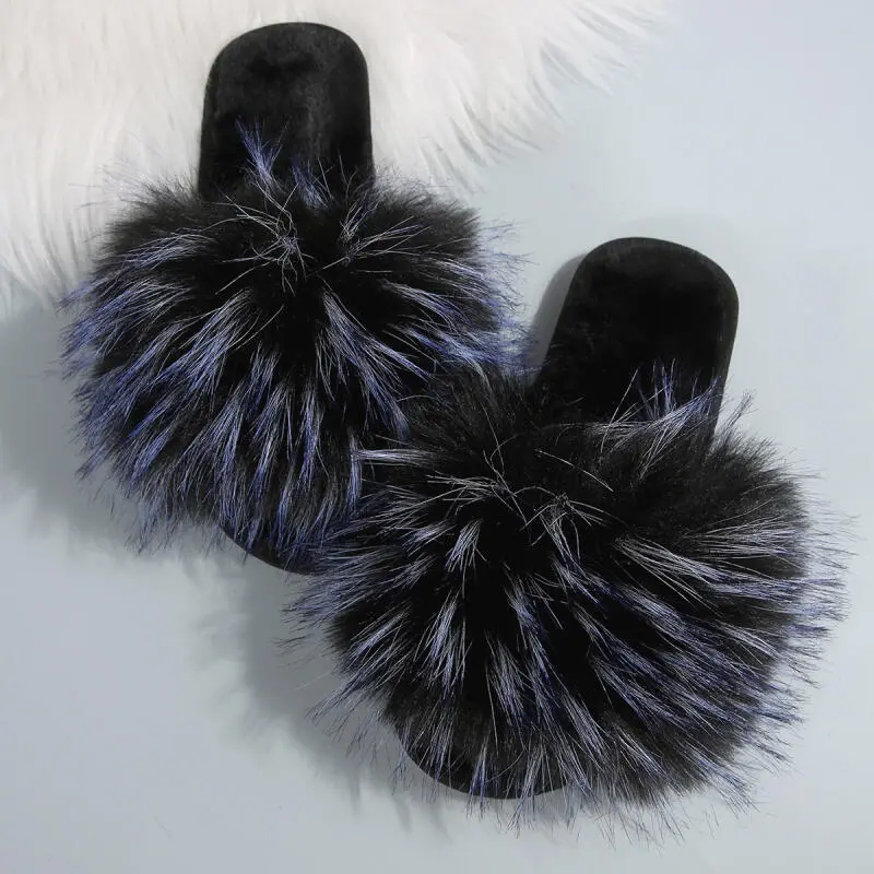 Fashion Mix Color Faux Fur Slides Women 2025 Autumn Long Plush Comfort Flat Heel Slippers Soft Sole Non Slip Outdoor Slippers