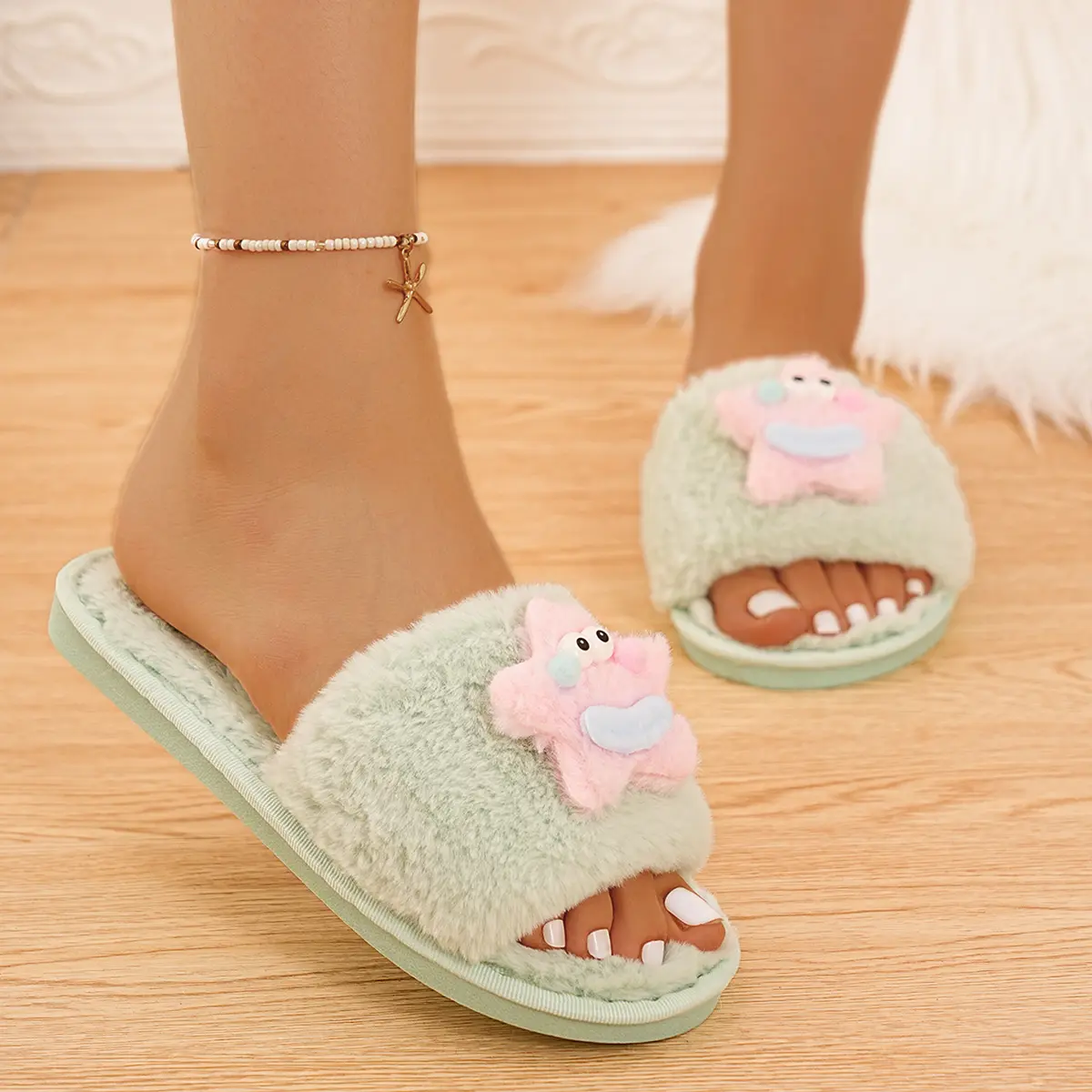 Cute Cartoon Decoration Cotton Slippers Women 2025 Winter Comfort Soft Sole Indoor Slides Warm Short Plush Non Slip Slippers
