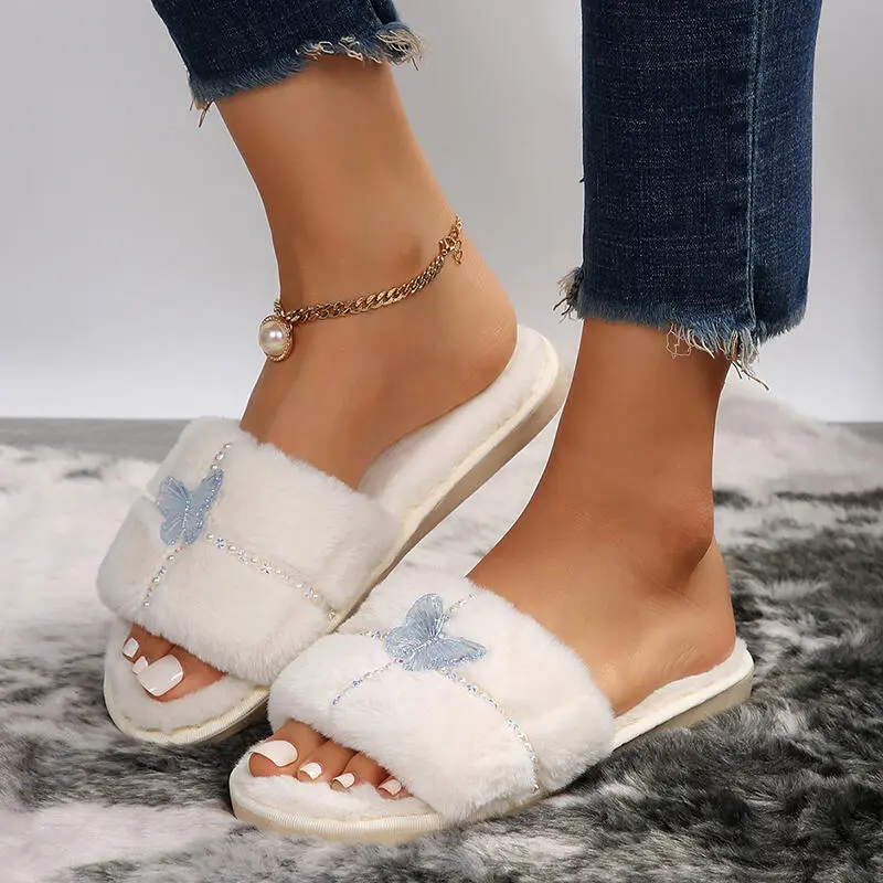 Elegant Butterfly Embroidery Short Plush Slides Women 2025 Winter Comfort Flat Heel Indoor Furry Slippers Warm Faux Fur Slippers