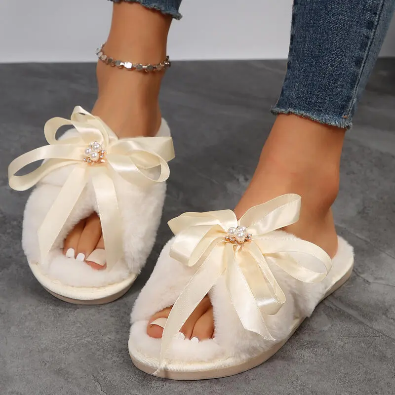 Sweet Lace Up Bowknot Decoration Furry Slides Women 2025 Winter Soft Short Plush Indoor Slippers Comfort Flat Heel Fur Slippers
