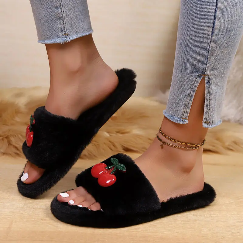 Cute Cherry Decoration Furry Slides Women 2025 Winter Warm Short Plush Flat Heel Slippers Comfort Non Slip Indoor Slippers
