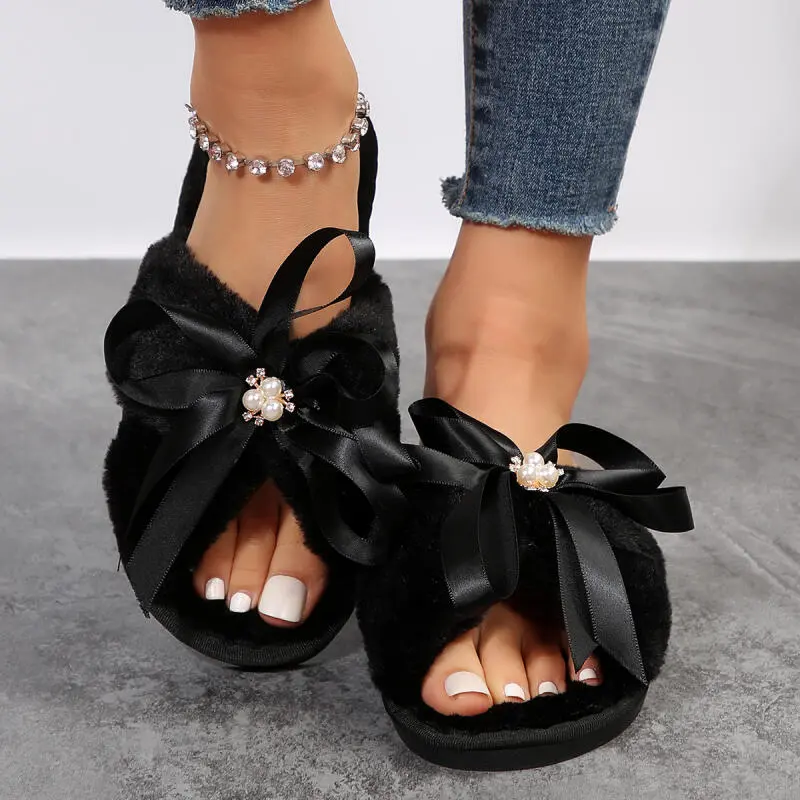 Sweet Lace Up Bowknot Decoration Furry Slides Women 2025 Winter Soft Short Plush Indoor Slippers Comfort Flat Heel Fur Slippers