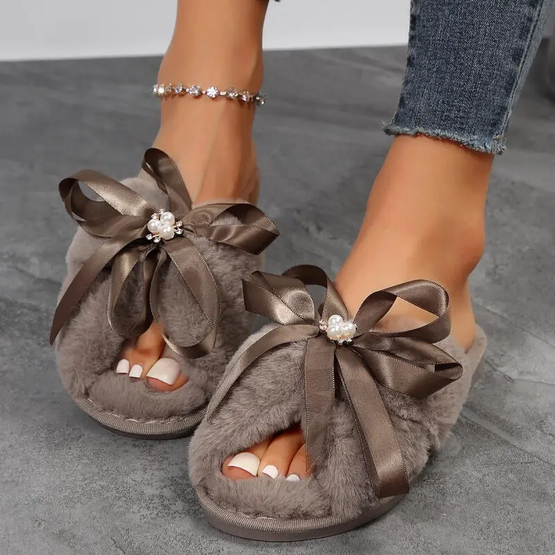 Sweet Lace Up Bowknot Decoration Furry Slides Women 2025 Winter Soft Short Plush Indoor Slippers Comfort Flat Heel Fur Slippers