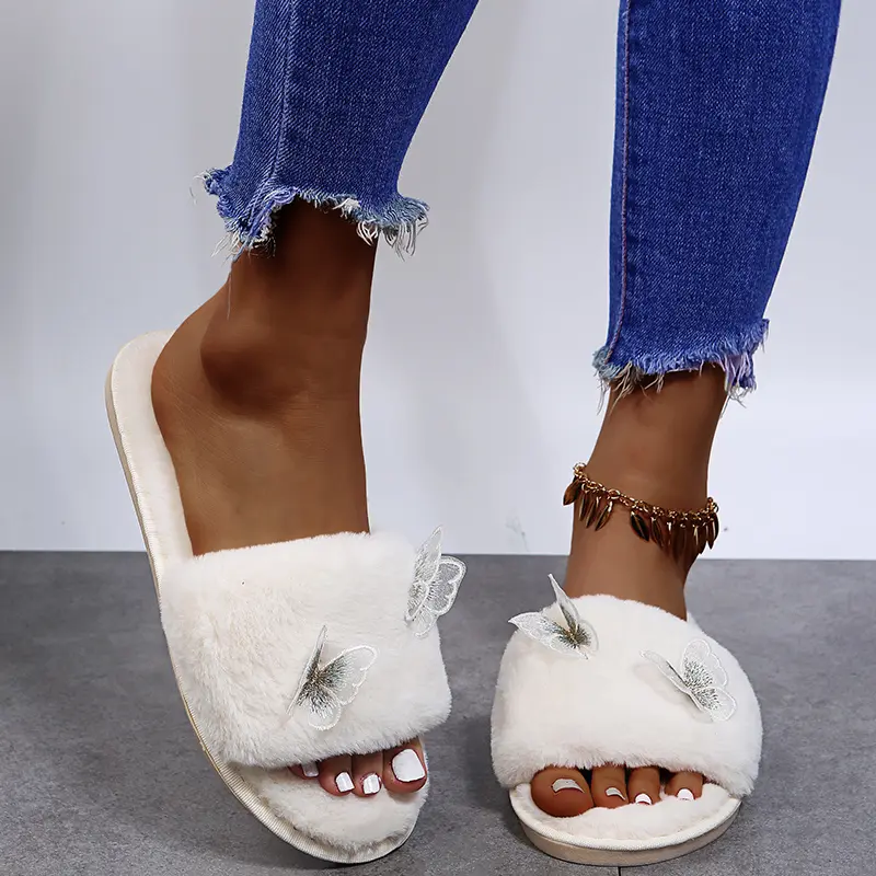 Fashion Mesh Butterfly Decoration Cotton Slippers Women 2025 Winter Warm Short Plush Slides Comfort Flat Heel Indoor Slippers