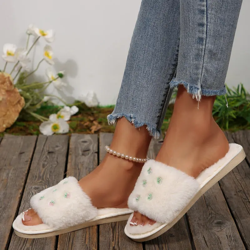 Fashion Rose Decoration Short Plush Slides Women 2025 Winter Warm Faux Fur Indoor Slippers Soft Non Slip Furry Bedroom Slippers