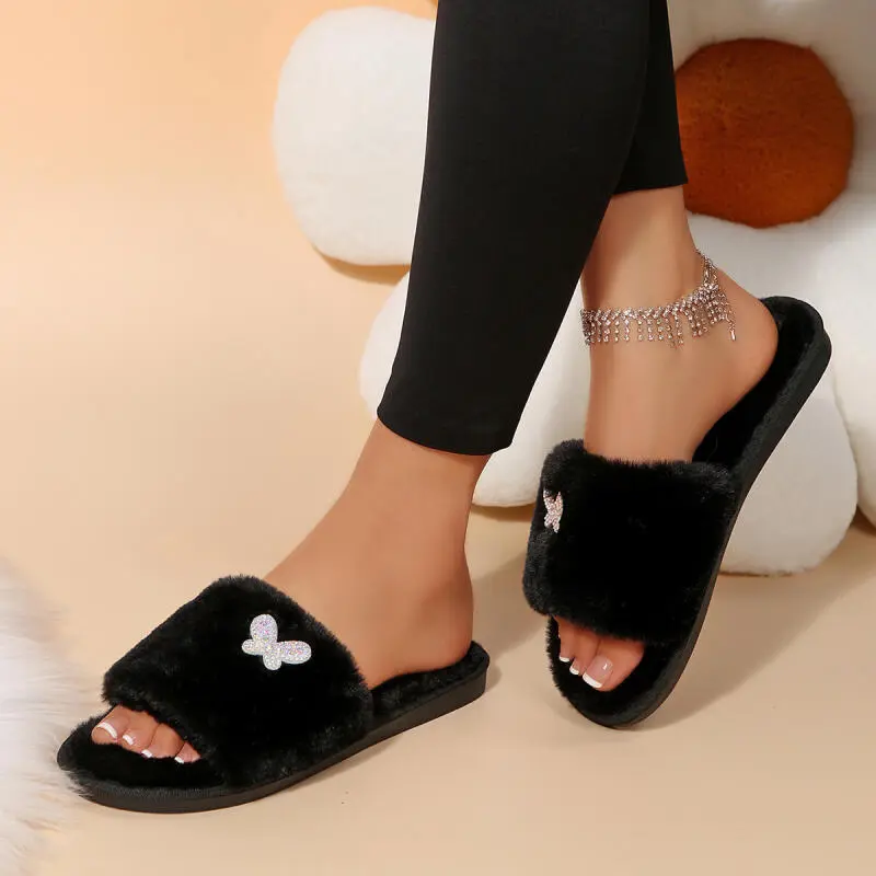 Fashion Glitter Butterfly Decoration Cotton Slides Women 2025 Winter Warm Short Plush Flat Heel Slippers Soft Sole Furry Slipper