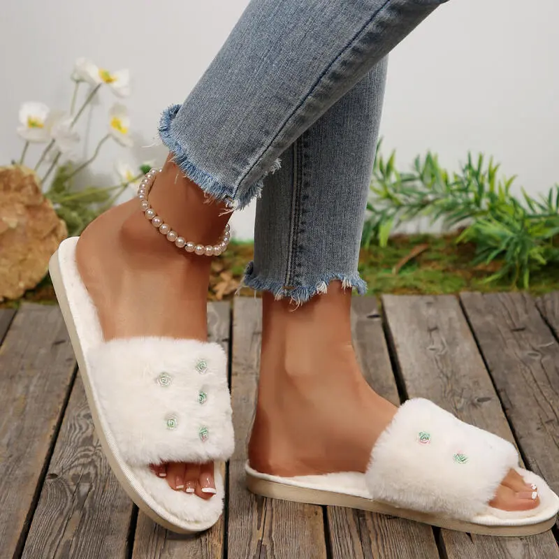 Fashion Rose Decoration Short Plush Slides Women 2025 Winter Warm Faux Fur Indoor Slippers Soft Non Slip Furry Bedroom Slippers