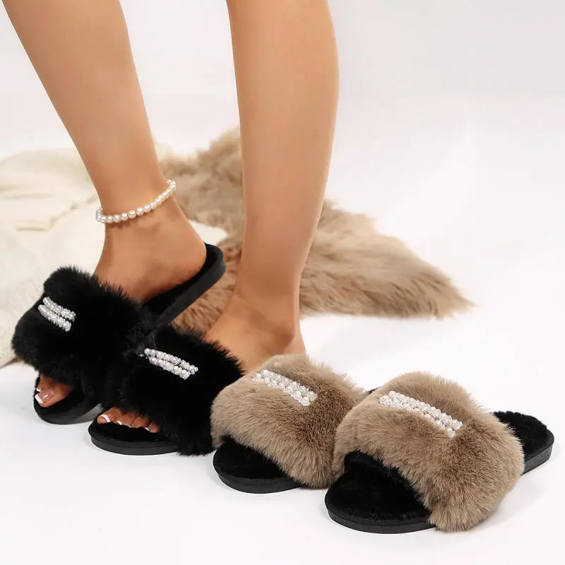 Luxury Lace Pearl Decoration Faux Fur Slides Women 2025 Winter Warm Long Plush Furry Slippers Fashion Soft Thick Bottom Slippers
