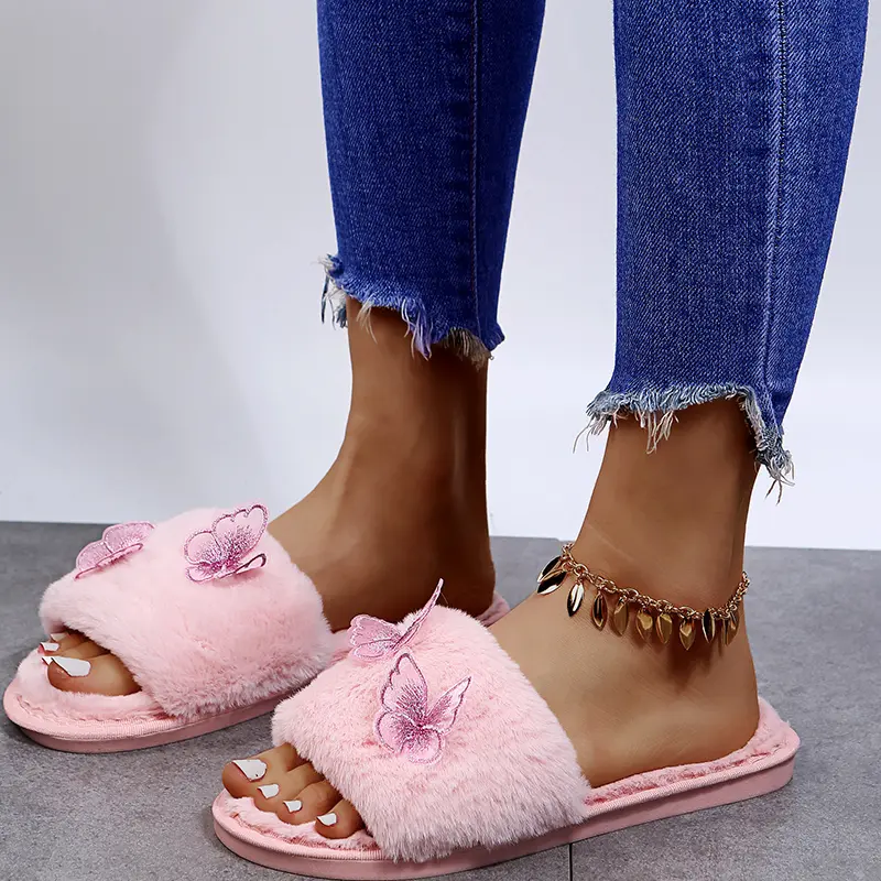 Fashion Mesh Butterfly Decoration Cotton Slippers Women 2025 Winter Warm Short Plush Slides Comfort Flat Heel Indoor Slippers