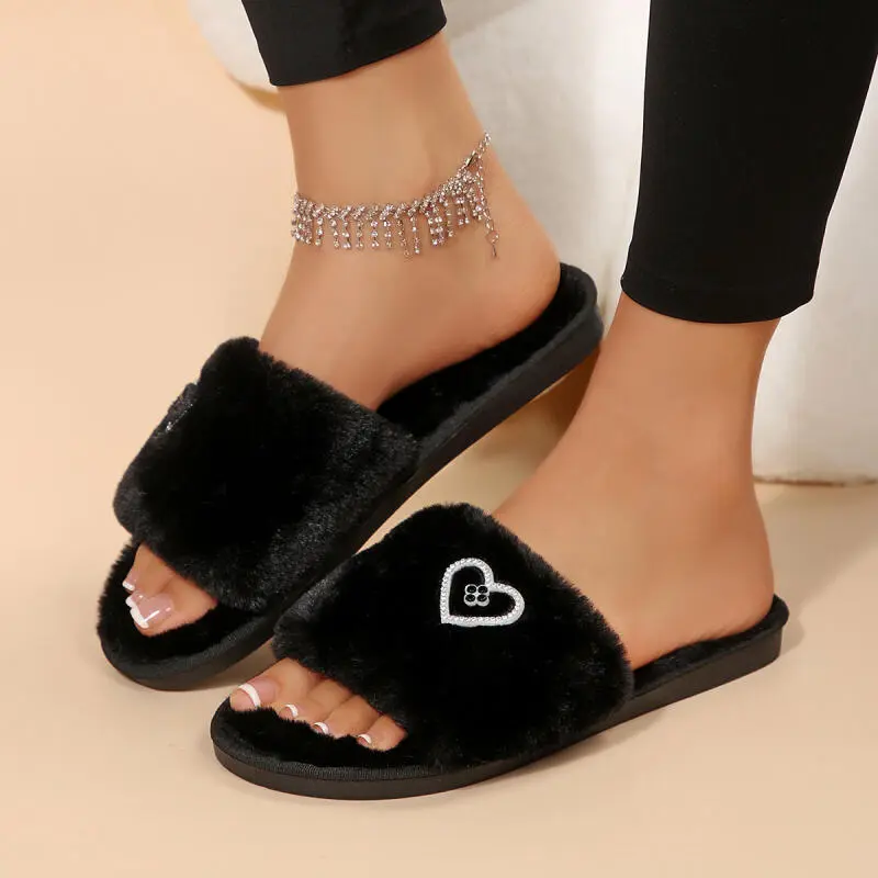 Fashion Glitter Butterfly Decoration Cotton Slides Women 2025 Winter Warm Short Plush Flat Heel Slippers Soft Sole Furry Slipper