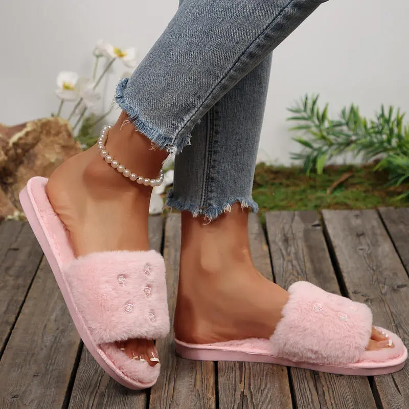 Fashion Rose Decoration Short Plush Slides Women 2025 Winter Warm Faux Fur Indoor Slippers Soft Non Slip Furry Bedroom Slippers