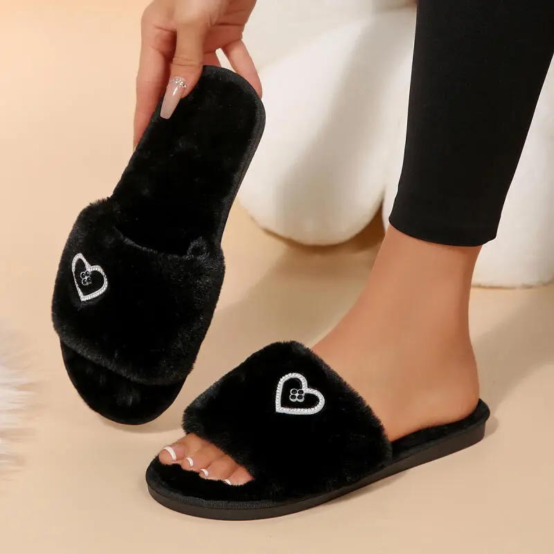Fashion Glitter Butterfly Decoration Cotton Slides Women 2025 Winter Warm Short Plush Flat Heel Slippers Soft Sole Furry Slipper