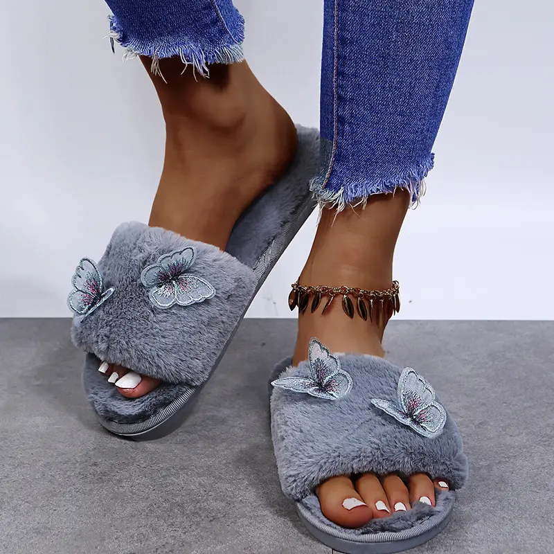 Fashion Mesh Butterfly Decoration Cotton Slippers Women 2025 Winter Warm Short Plush Slides Comfort Flat Heel Indoor Slippers