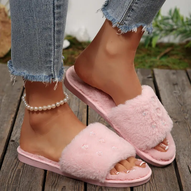 Fashion Rose Decoration Short Plush Slides Women 2025 Winter Warm Faux Fur Indoor Slippers Soft Non Slip Furry Bedroom Slippers