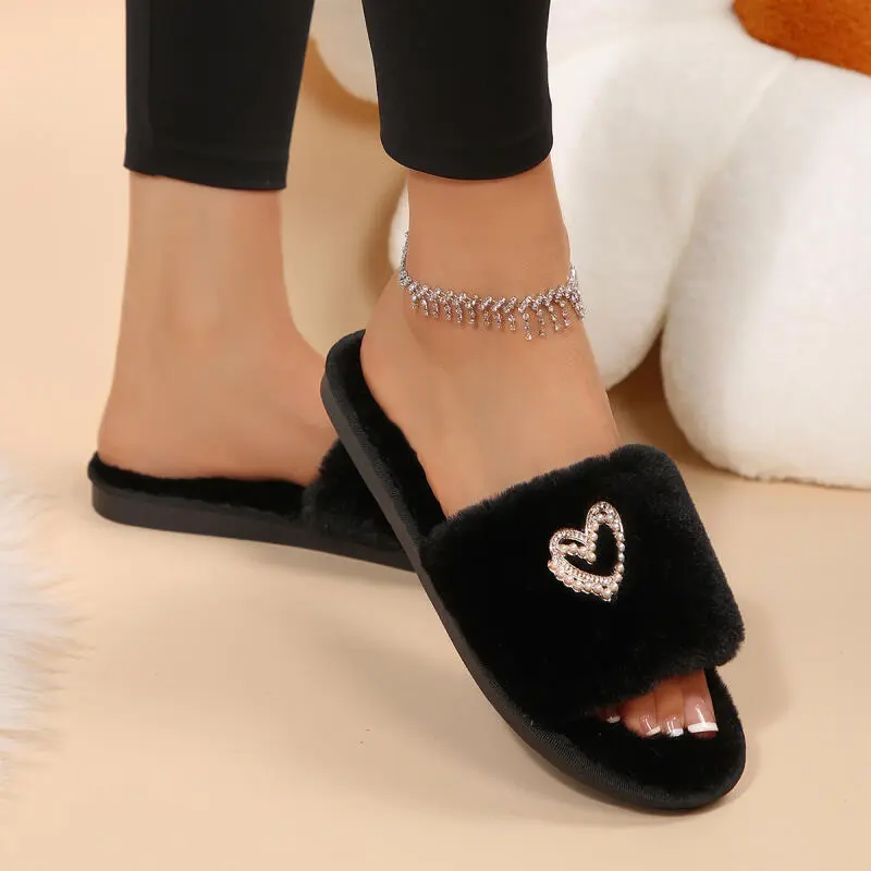 Fashion Glitter Butterfly Decoration Cotton Slides Women 2025 Winter Warm Short Plush Flat Heel Slippers Soft Sole Furry Slipper