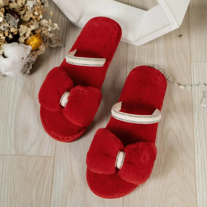 Fashion Short Plush Bowknot Red Slippers Women 2025 Winter Warm Faux Fur Indoor Non Slip Slides Soft Thick Bottom Cotton Slides