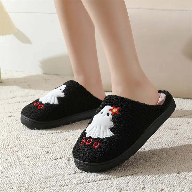 Cute Cartoon Ghost Halloween Home Slippers Comfort Soft Sole Non Slip Indoor Slides Punk Black Warm Short Plush Couple Slippers