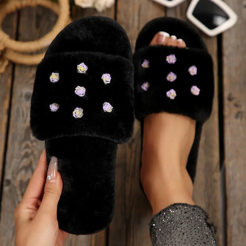 Fashion Rose Decoration Short Plush Slides Women 2025 Winter Warm Faux Fur Indoor Slippers Soft Non Slip Furry Bedroom Slippers