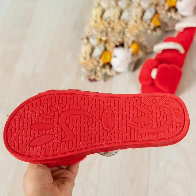 Fashion Short Plush Bowknot Red Slippers Women 2025 Winter Warm Faux Fur Indoor Non Slip Slides Soft Thick Bottom Cotton Slides