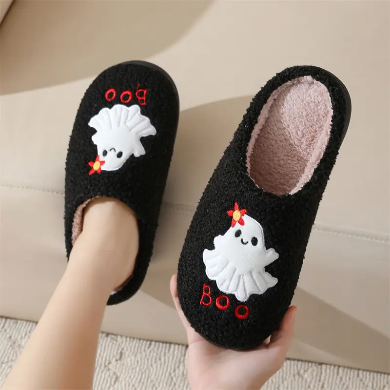 Cute Cartoon Ghost Halloween Home Slippers Comfort Soft Sole Non Slip Indoor Slides Punk Black Warm Short Plush Couple Slippers