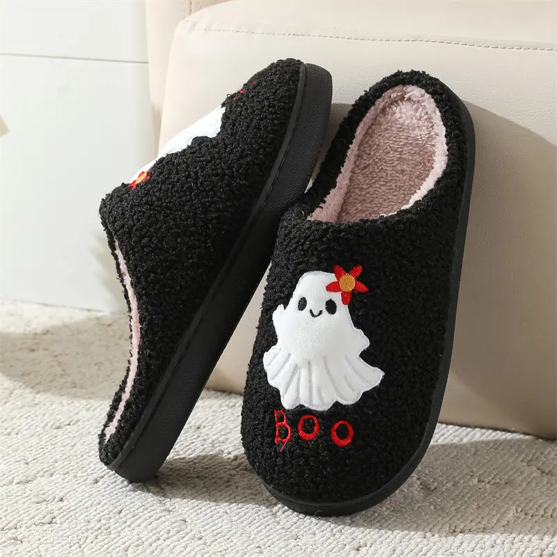 Cute Cartoon Ghost Halloween Home Slippers Comfort Soft Sole Non Slip Indoor Slides Punk Black Warm Short Plush Couple Slippers