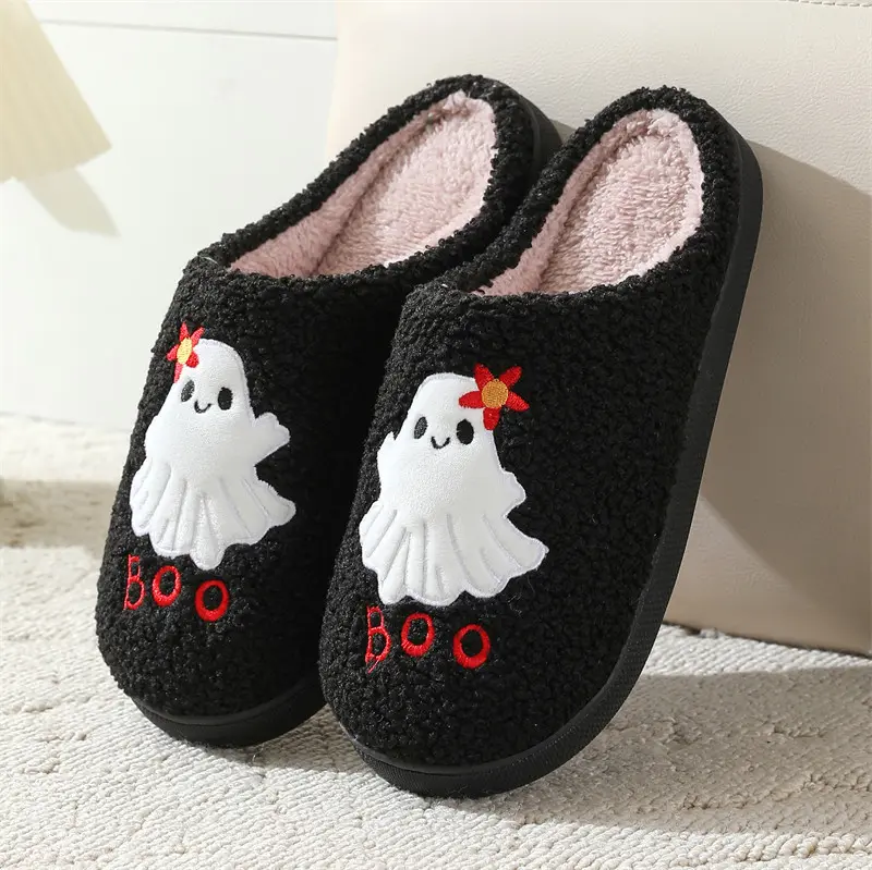 Cute Cartoon Ghost Halloween Home Slippers Comfort Soft Sole Non Slip Indoor Slides Punk Black Warm Short Plush Couple Slippers