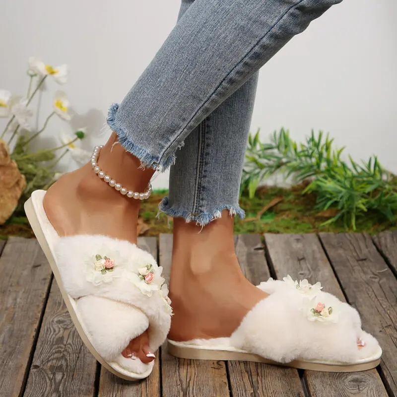 Elegant Flower Decoration Furry Slippers Women 2025 Winter Fashion Cross Strap Faux Fur Indoor Slides Soft Short Plush Slippers