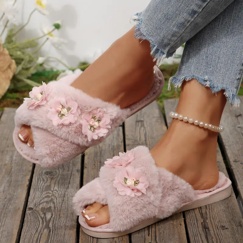 Elegant Flower Decoration Furry Slippers Women 2025 Winter Fashion Cross Strap Faux Fur Indoor Slides Soft Short Plush Slippers