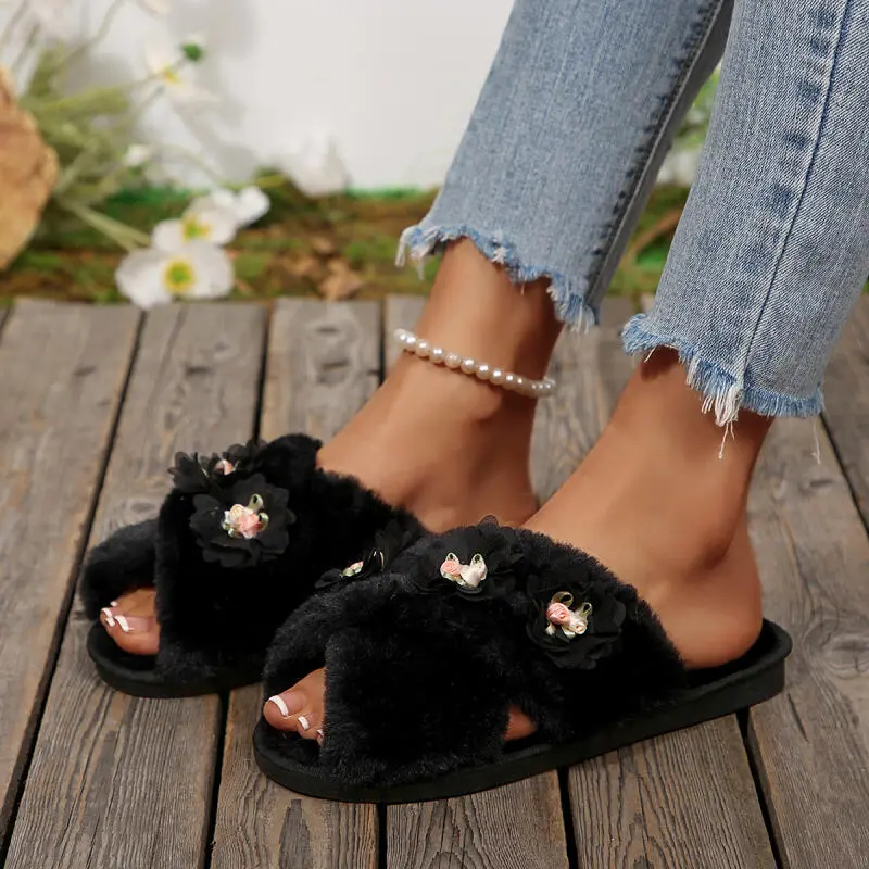 Elegant Flower Decoration Furry Slippers Women 2025 Winter Fashion Cross Strap Faux Fur Indoor Slides Soft Short Plush Slippers