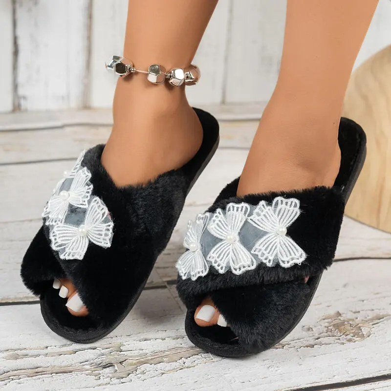 Sweet Lace Bowknot Decoration Furry Slides Women 2025 Winter Faux Fur Cross Strap Indoor Slippers Warm Short Plush Slippers