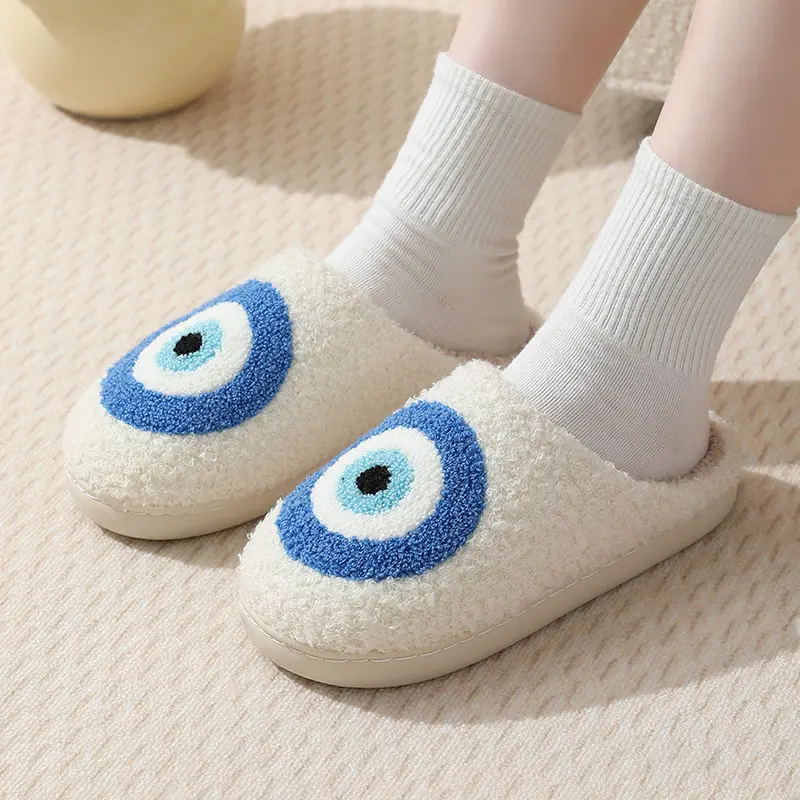 Gothic Demon Eye Embroidery Indoor Slippers Women 2025 Winter Warm Short Plush Home Slides Soft Thick Bottom Non Slip Slippers