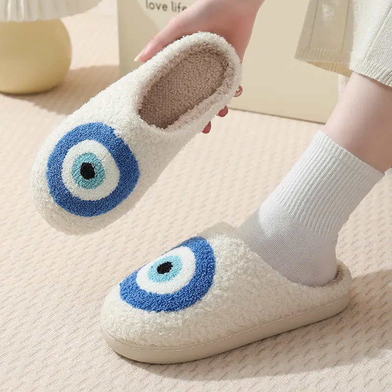Gothic Demon Eye Embroidery Indoor Slippers Women 2025 Winter Warm Short Plush Home Slides Soft Thick Bottom Non Slip Slippers