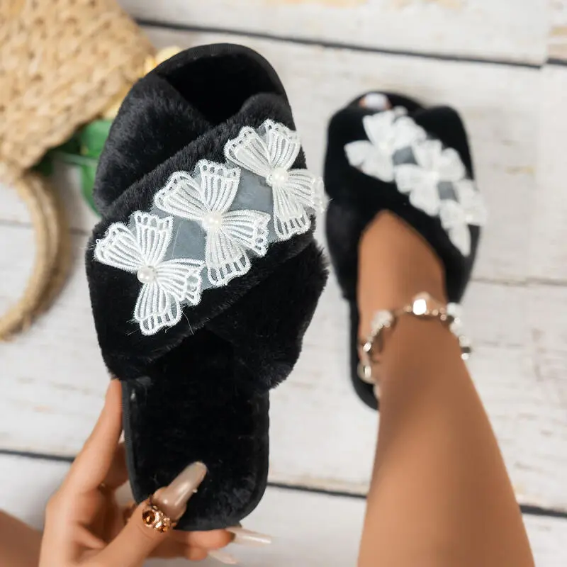 Sweet Lace Bowknot Decoration Furry Slides Women 2025 Winter Faux Fur Cross Strap Indoor Slippers Warm Short Plush Slippers
