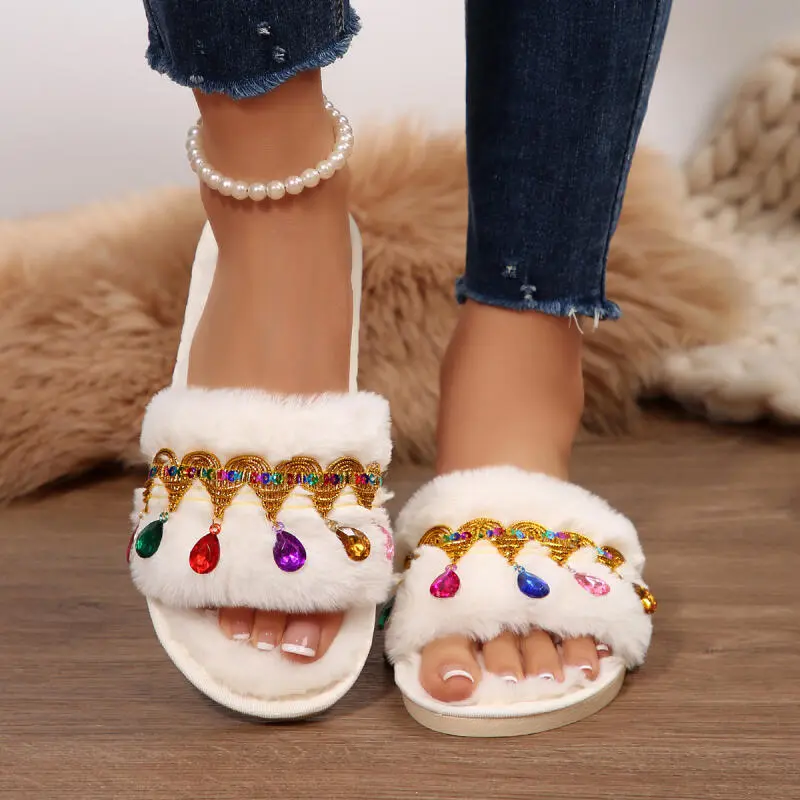 Bohemia Crystal Tassels Decoration Cotton Slides Women 2025 Autumn Warm Short Plush Outdoor Slippers Soft Flat Heel Furry Slides