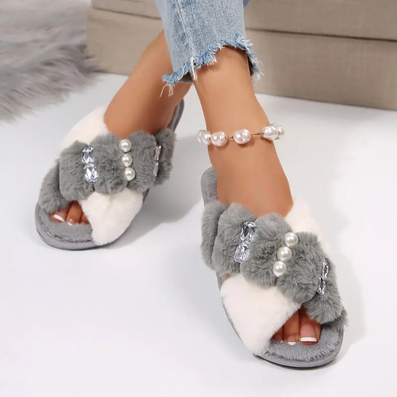 Luxury Pearl Decoration Cross Strap Cotton Slides Women 2025 Winter Mix Color Faux Fur Slippers Warm Short Plush Indoor Slides