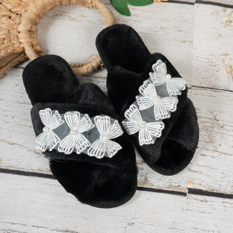 Sweet Lace Bowknot Decoration Furry Slides Women 2025 Winter Faux Fur Cross Strap Indoor Slippers Warm Short Plush Slippers