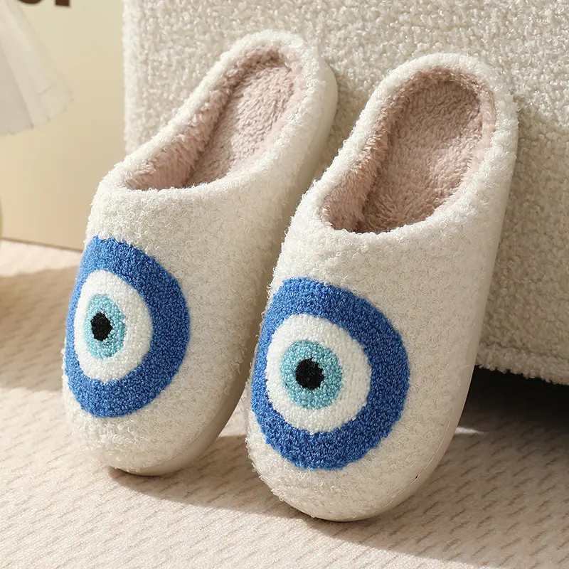 Gothic Demon Eye Embroidery Indoor Slippers Women 2025 Winter Warm Short Plush Home Slides Soft Thick Bottom Non Slip Slippers