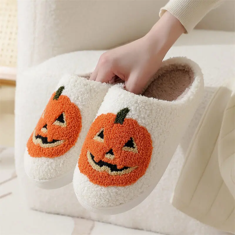 Halloween Pumpkin Decoration Cotton Slippers Women 2025 Winter Comfort Non Slip Indoor Slides Warm Short Plush Couple Slipper