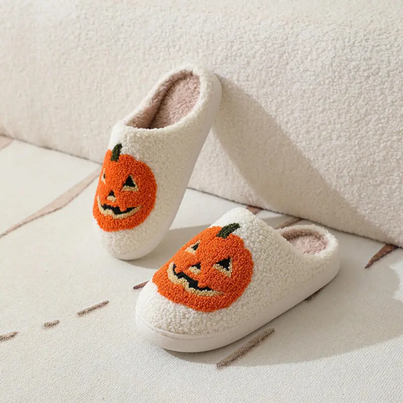 Halloween Pumpkin Decoration Cotton Slippers Women 2025 Winter Comfort Non Slip Indoor Slides Warm Short Plush Couple Slipper