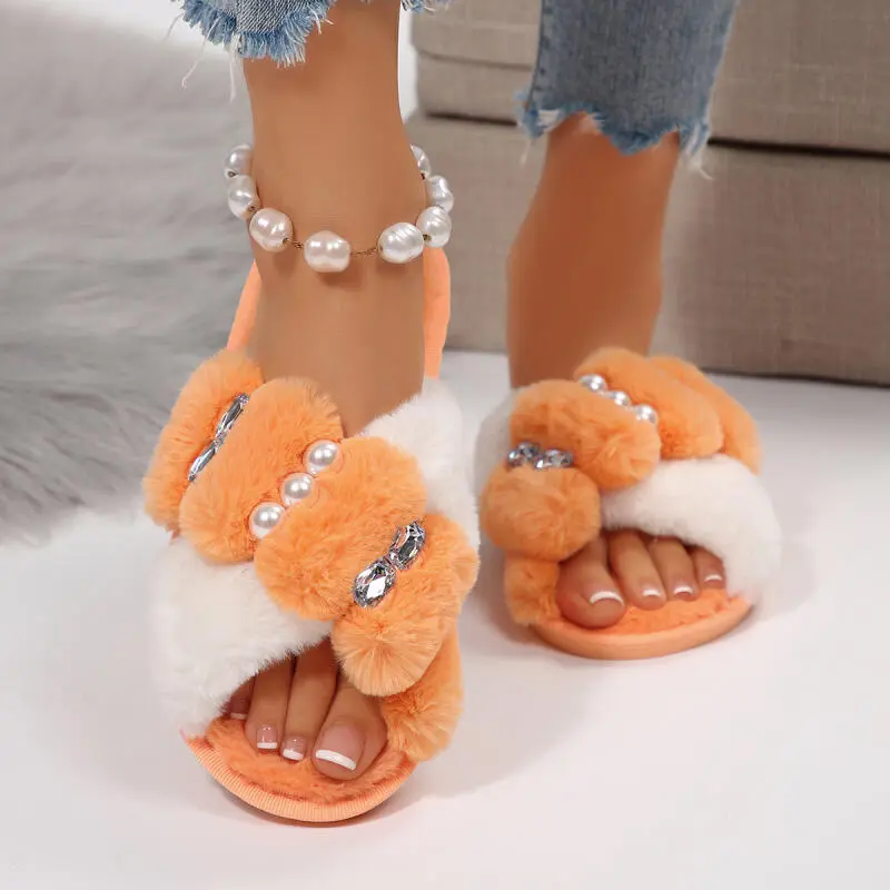 Luxury Pearl Decoration Cross Strap Cotton Slides Women 2025 Winter Mix Color Faux Fur Slippers Warm Short Plush Indoor Slides